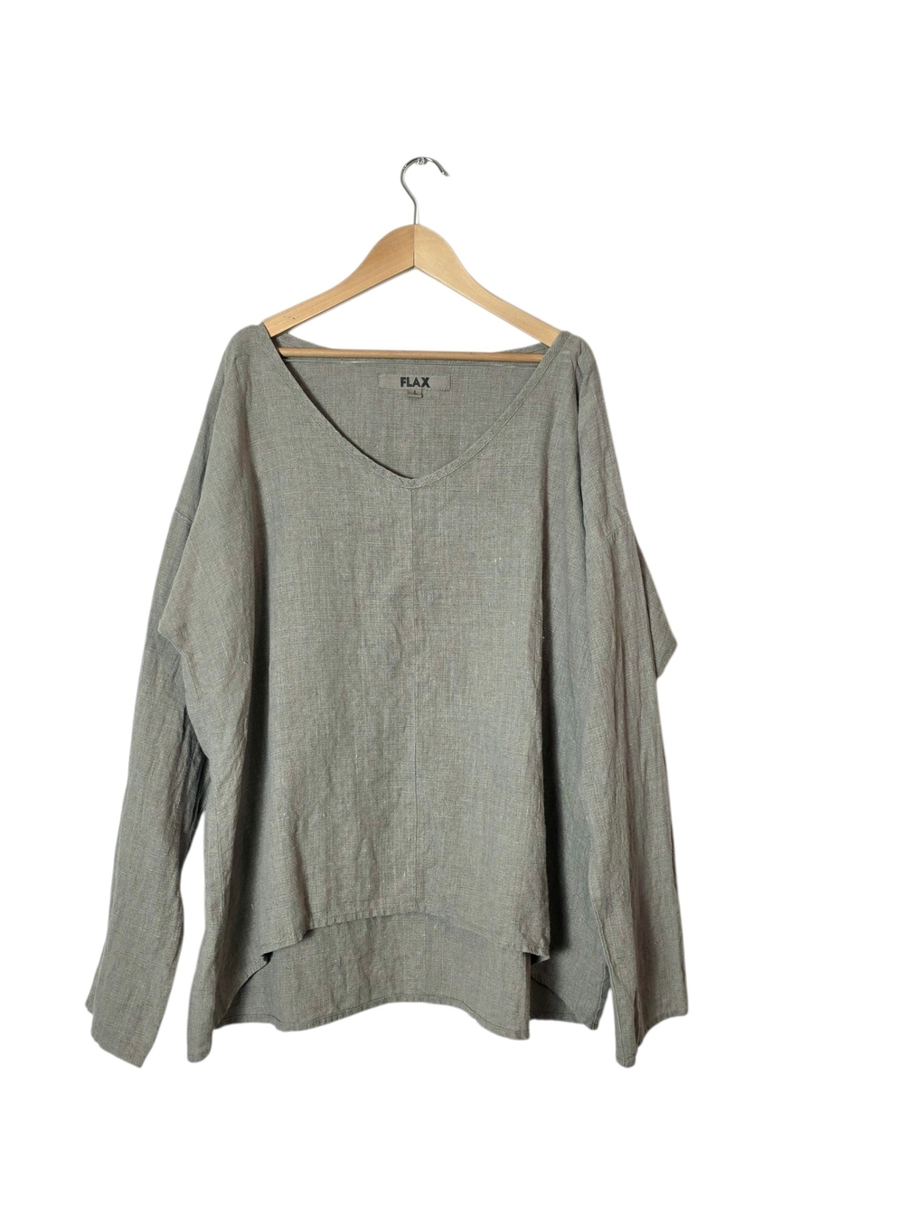Flax 100% Linen Long Sleeve V Neck Top L Beige Cream Popover Lagenlook Oversized